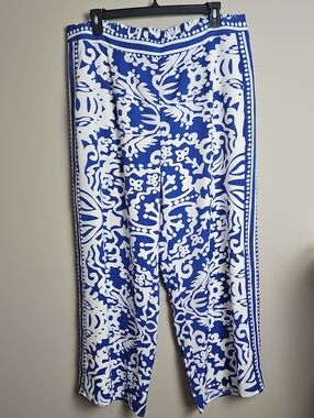 Sugarlips Curve Wide Leg Lined Satin Pants: Blue/White Print: Size- 2X